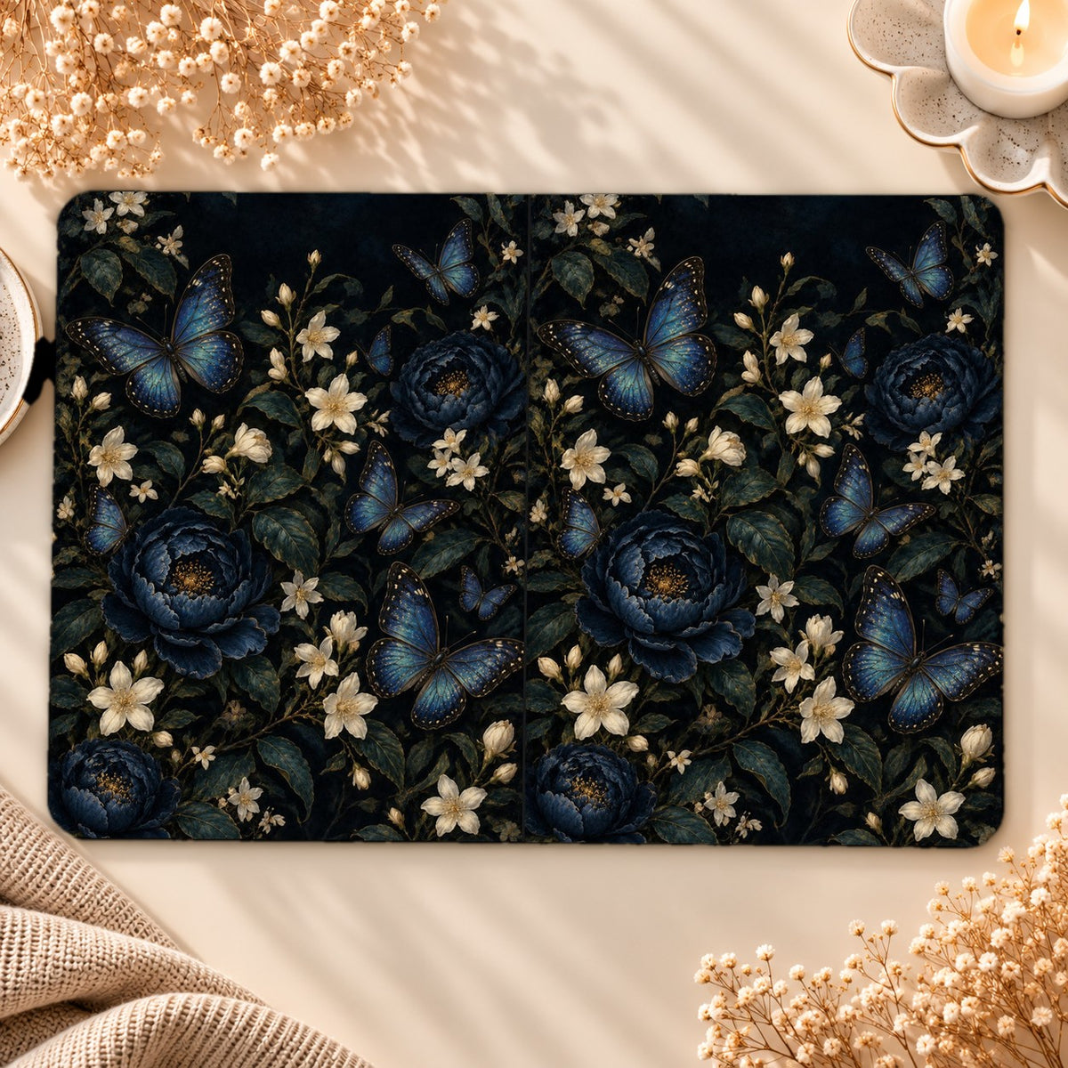 Blue Butterfly Night Garden Kindle case opened flat, front and back — blue butterflies and jasmine on a dark night garden
