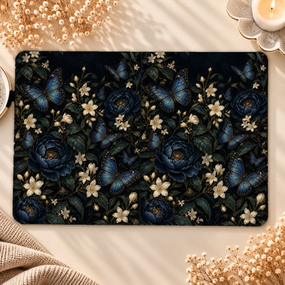 Blue Butterfly Night Garden Kindle case opened flat, front and back — blue butterflies and jasmine on a dark night garden