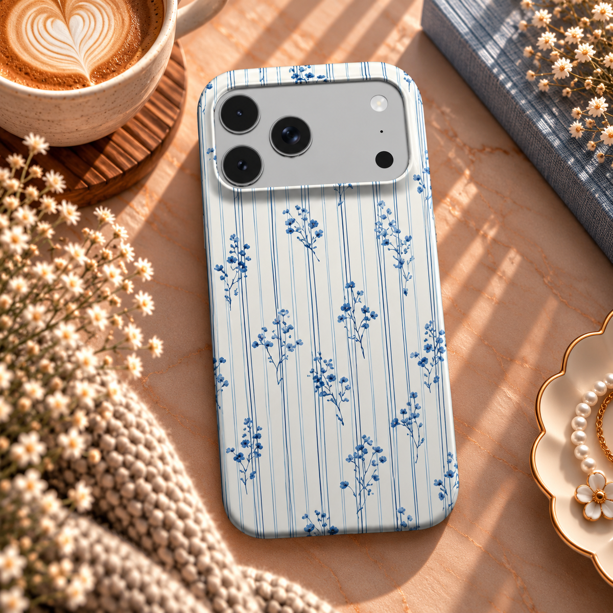 Blue Floral Pinstripe phone case – MagSafe iPhone case, lifestyle photo