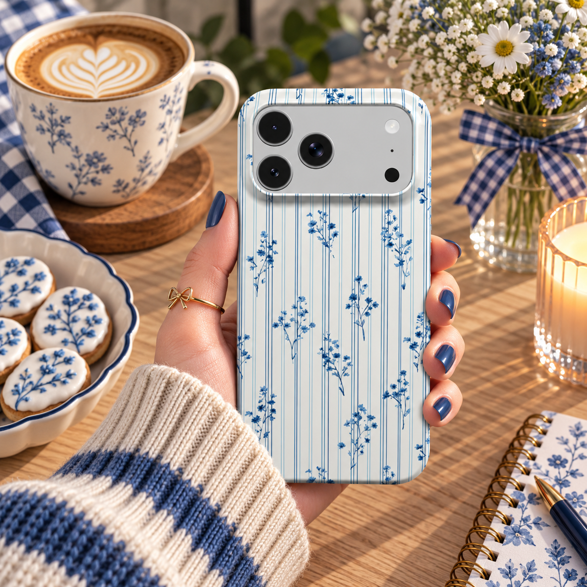 Blue Floral Pinstripe phone case – MagSafe iPhone case, styled photo