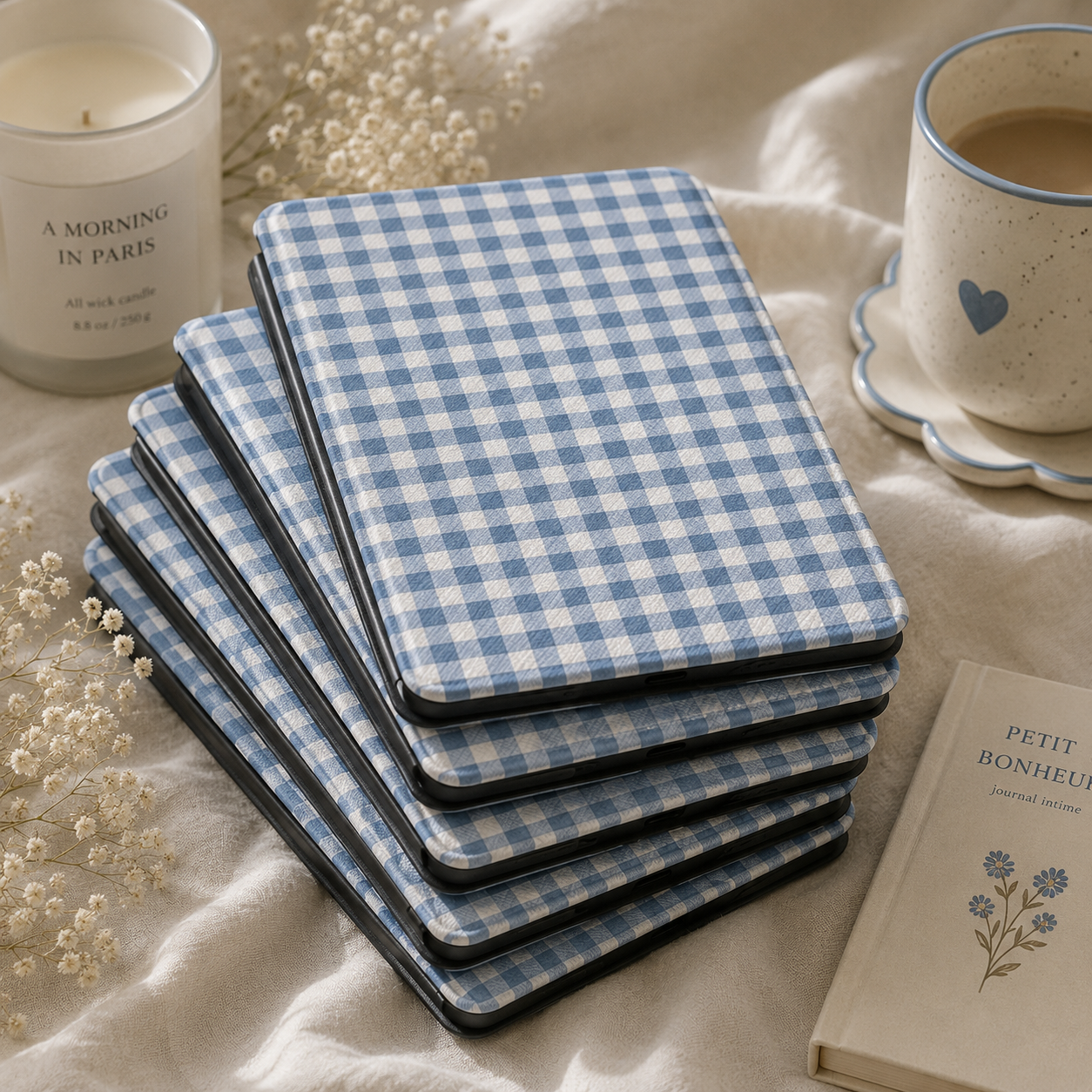 Blue Gingham Kindle case shown at an angle