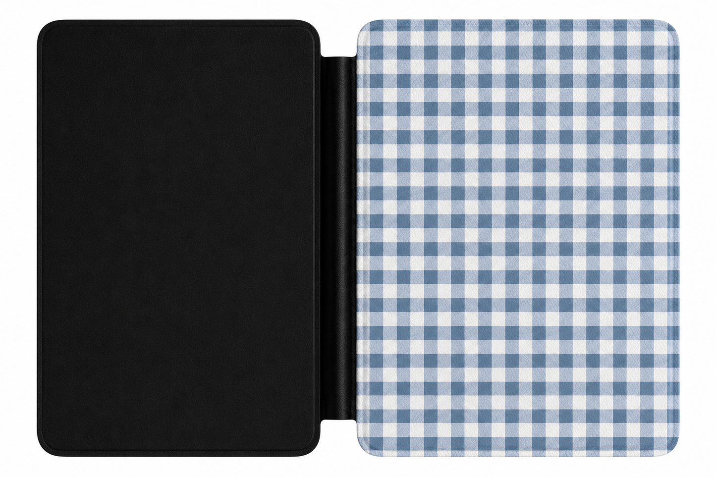 Close-up of Blue Gingham Saffiano Kindle case