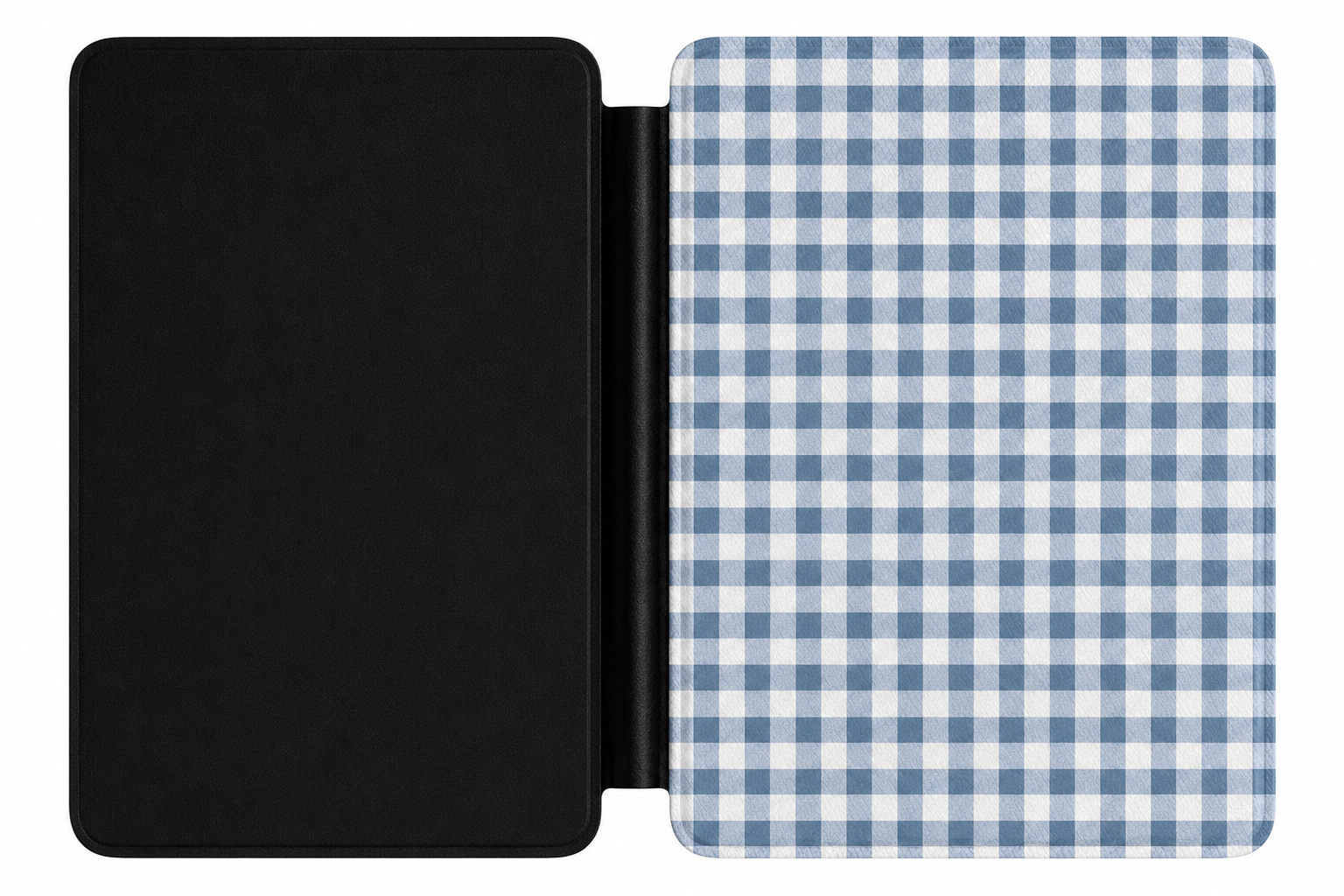 Close-up of Blue Gingham Saffiano Kindle case