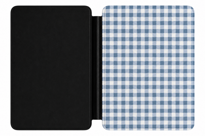 Close-up of Blue Gingham Saffiano Kindle case