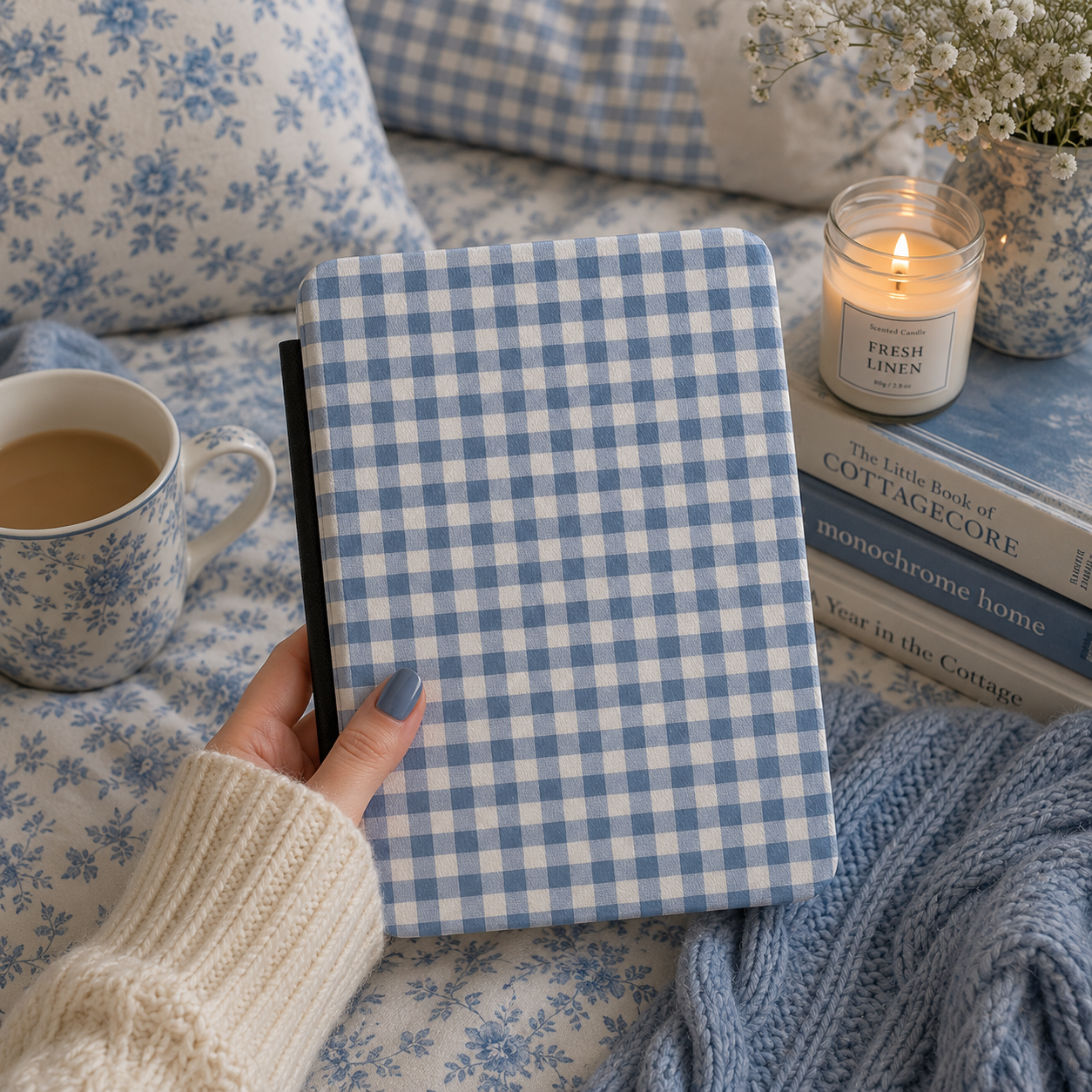 Blue Gingham Kindle case front cover — blue and cream gingham check print