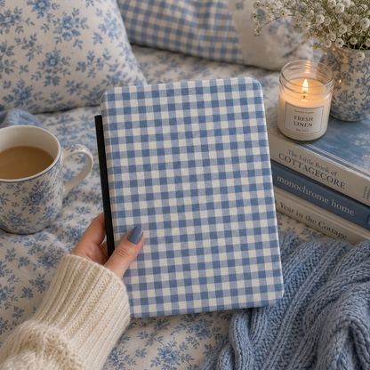 Blue Gingham Kindle case front cover — blue and cream gingham check print
