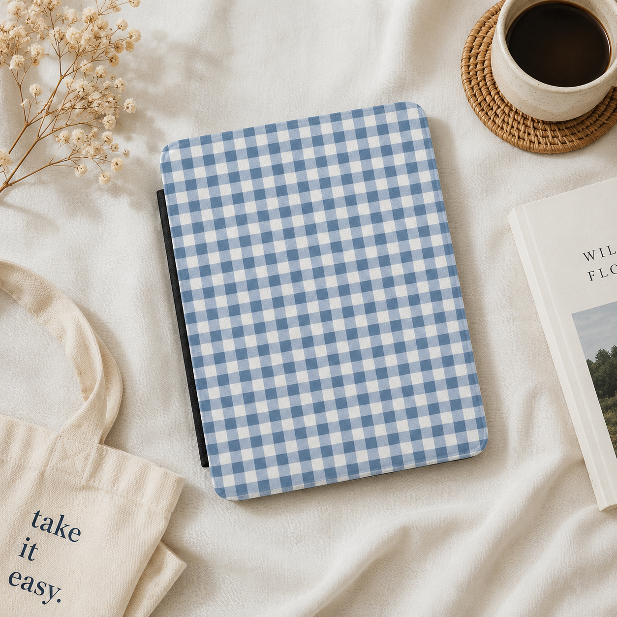 Blue Gingham Kindle case open showing e-ink Kindle on right interior panel