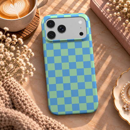 Blue & Green Check phone case – MagSafe iPhone case, lifestyle photo