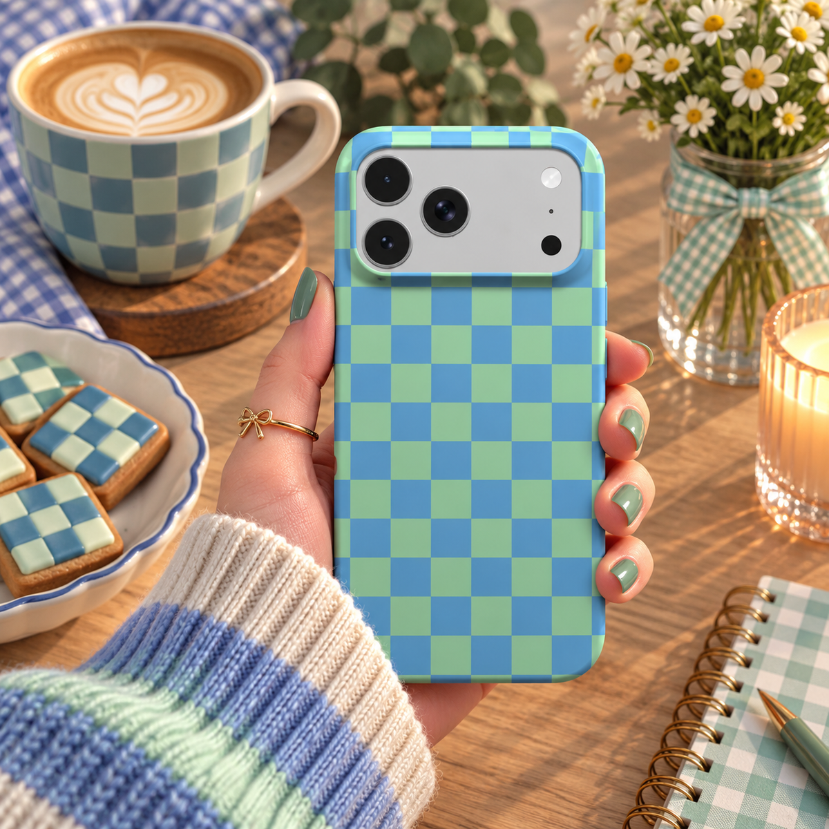Blue & Green Check phone case – MagSafe iPhone case, styled photo