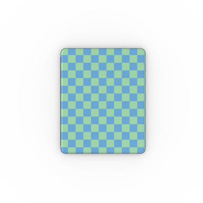 Blue and green checkerboard iPad case open, showing the stand fold and interior