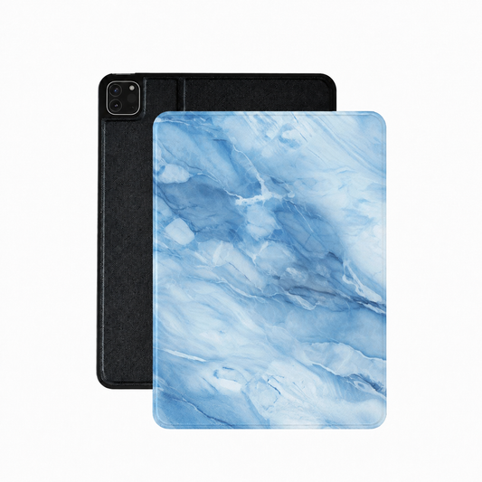 Blue marble iPad case in ice and cornflower vegan Saffiano leather — veined stone print