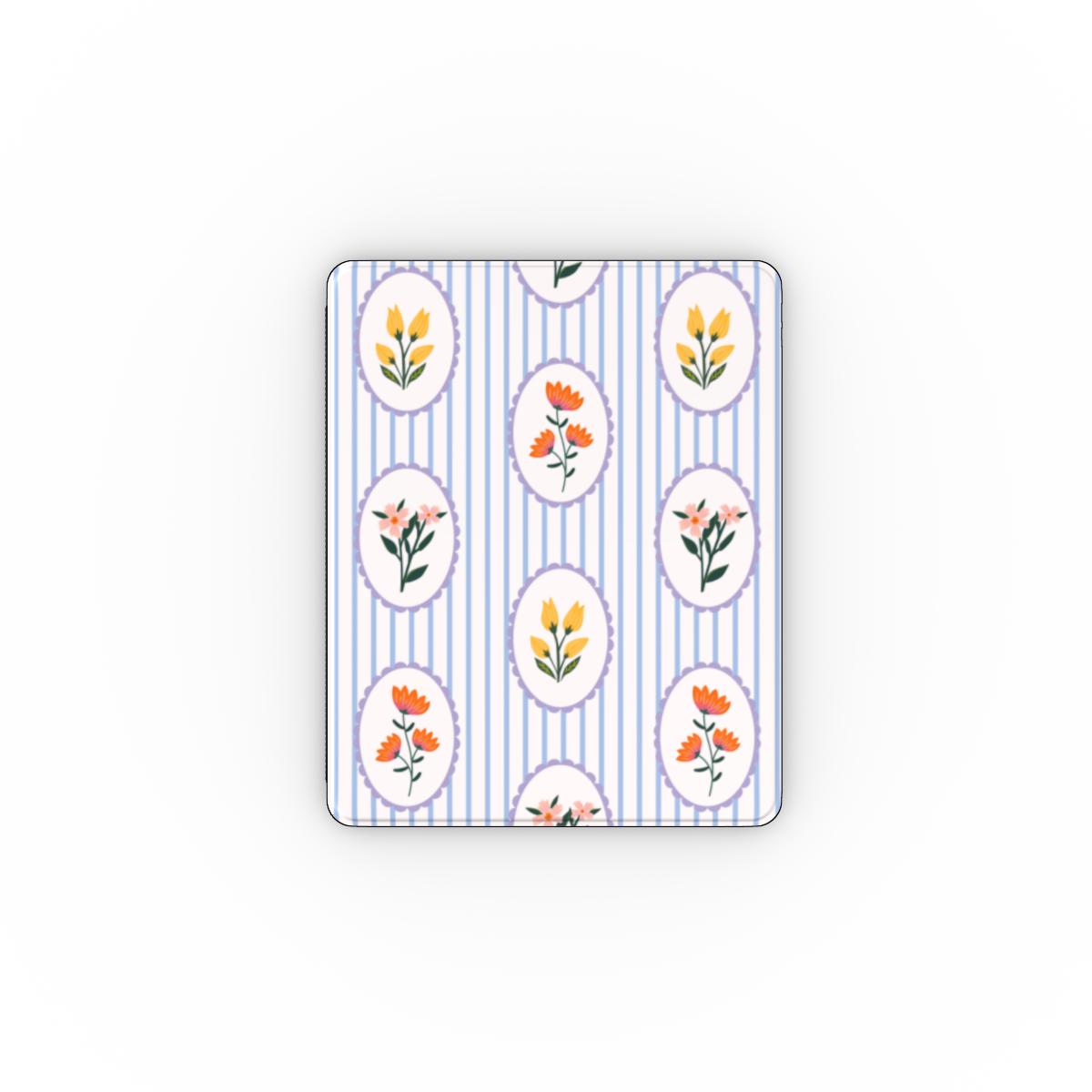 Blue stripe floral cameo iPad case open, showing the stand fold and interior