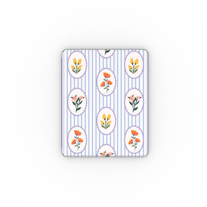 Blue stripe floral cameo iPad case open, showing the stand fold and interior