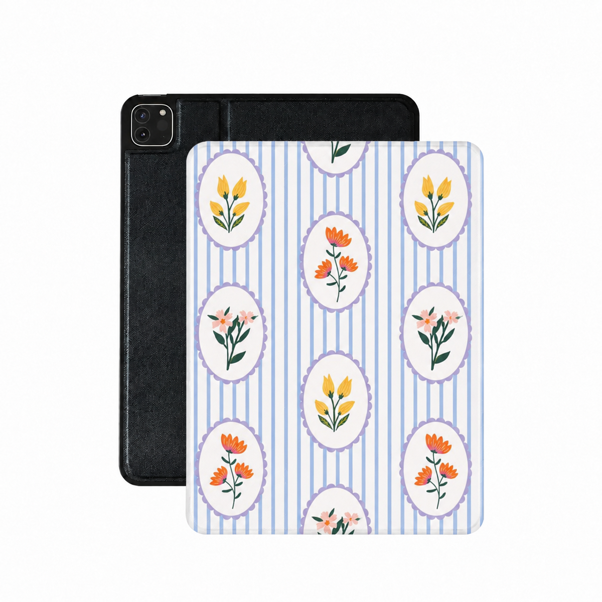 Blue stripe floral cameo iPad case in blue vegan leather — preppy grandmillennial folio
