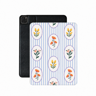 Blue stripe floral cameo iPad case in blue vegan leather — preppy grandmillennial folio