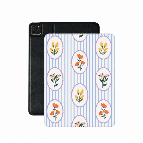 Blue stripe floral cameo iPad case in blue vegan leather — preppy grandmillennial folio