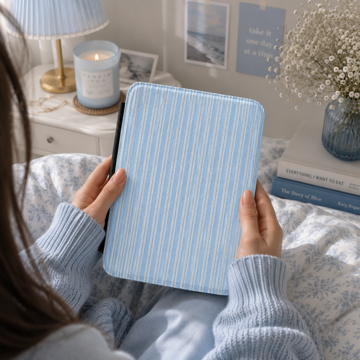 Blue ticking stripe Kindle case front cover close-up — Quiet Bookish coastal minimal design