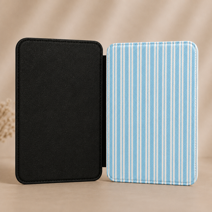 Blue ticking stripe Kindle case with elastic hand strap — Quiet Bookish coastal design