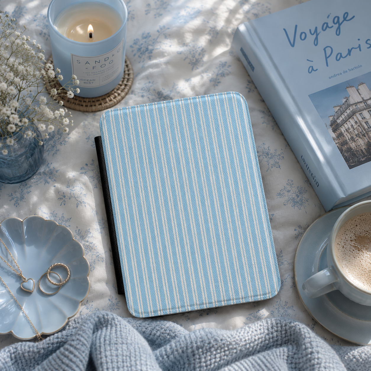 Blue ticking stripe Kindle case open showing black interior — Quiet Bookish coastal minimal