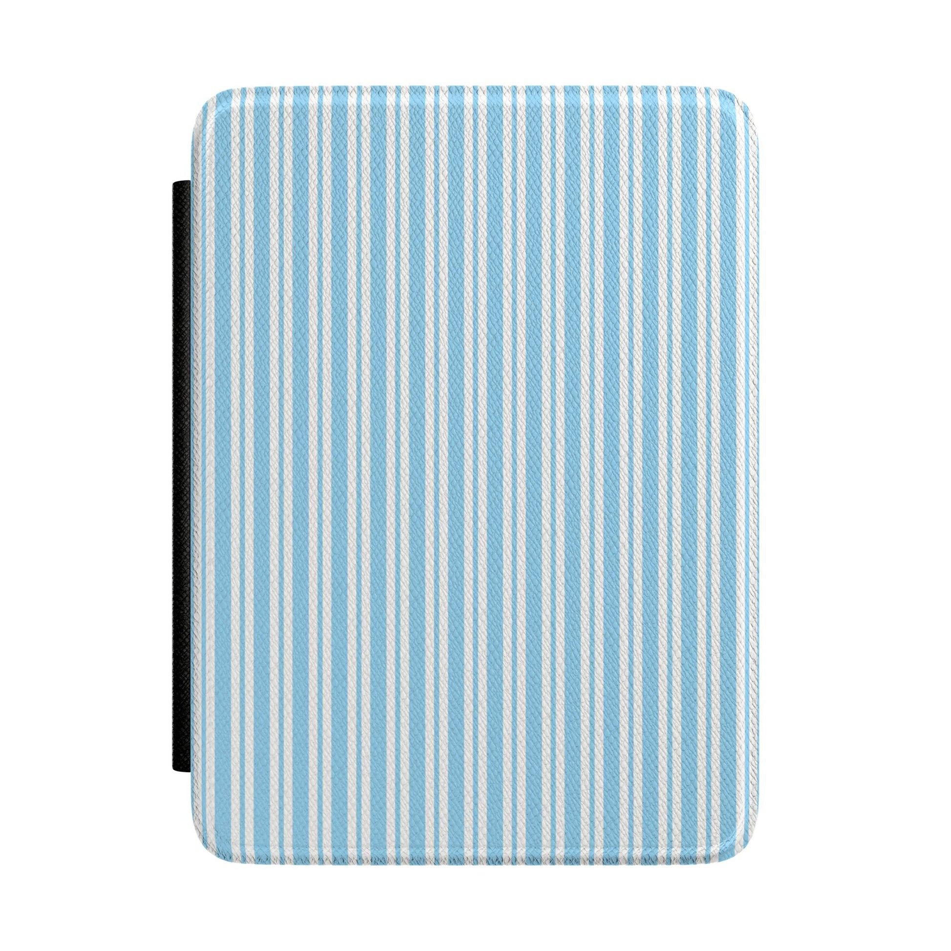 Blue and cream ticking stripe Kindle Paperwhite case front cover — Quiet Bookish coastal gift