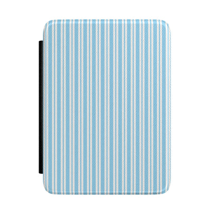 Blue and cream ticking stripe Kindle Paperwhite case front cover — Quiet Bookish coastal gift