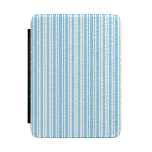 Blue and cream ticking stripe Kindle Paperwhite case front cover — Quiet Bookish coastal gift