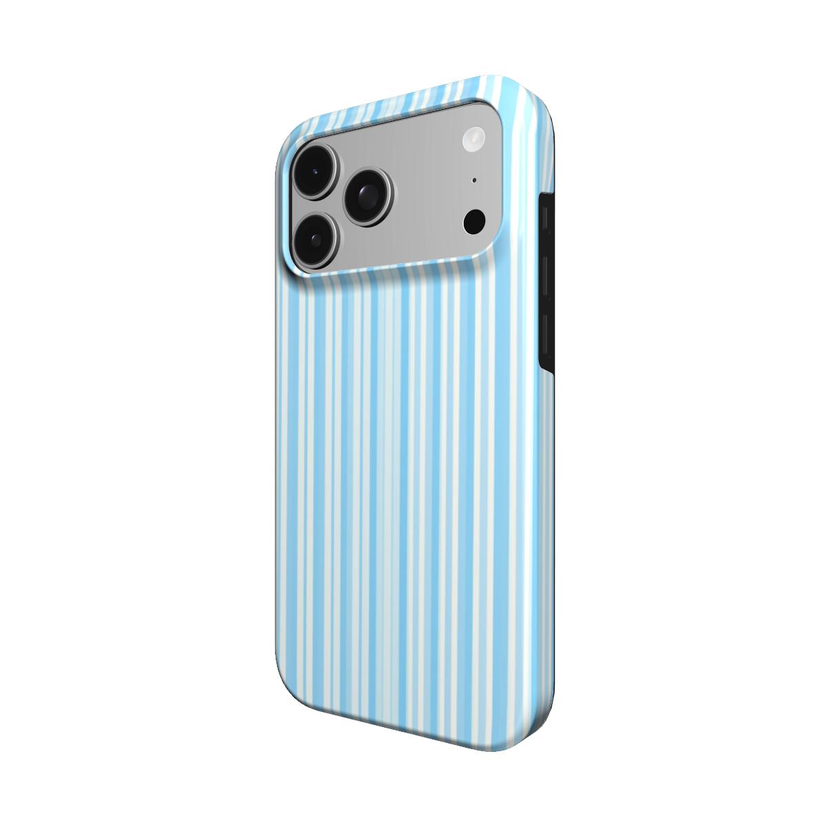 Blue Ticking Stripe phone case – MagSafe iPhone case, angled view