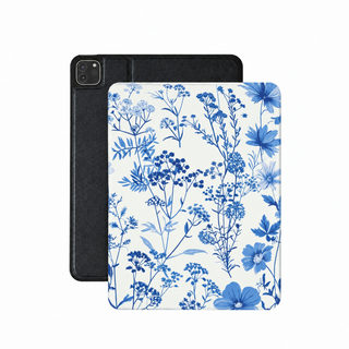 Blue wildflower iPad case in cream vegan Saffiano leather — botanical folio