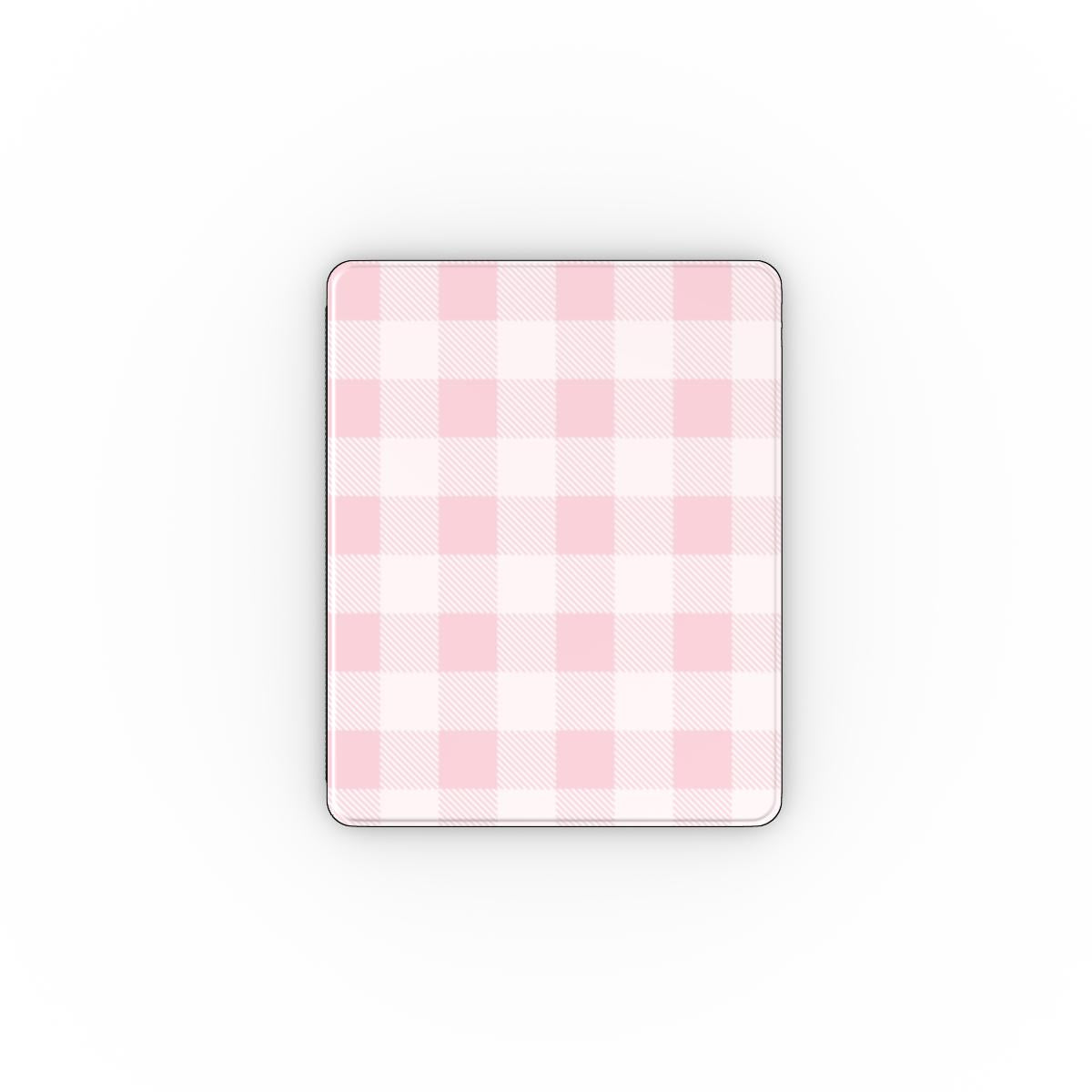 Blush buffalo check iPad case open, showing the stand fold and interior