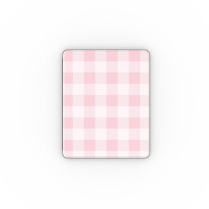 Blush buffalo check iPad case open, showing the stand fold and interior