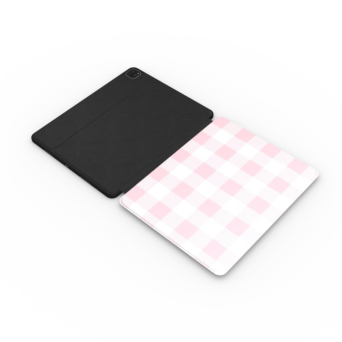 Blush buffalo check iPad case with the Apple Pencil in its slot