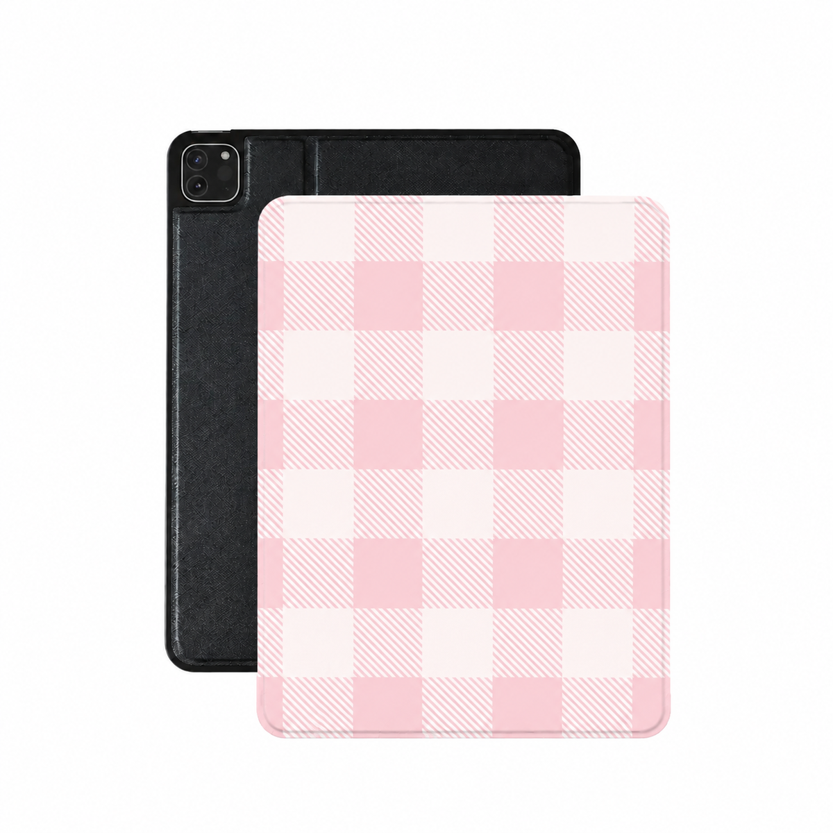 Blush buffalo check iPad case in pale pink vegan Saffiano leather — large woven check