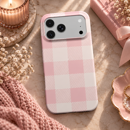 Blush Buffalo Check phone case – MagSafe iPhone case, lifestyle photo