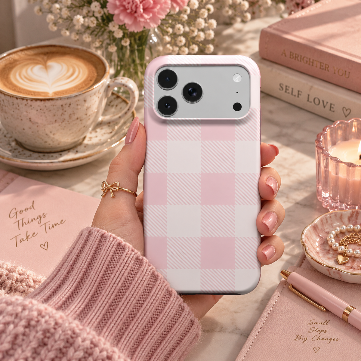 Blush Buffalo Check phone case – MagSafe iPhone case, styled photo