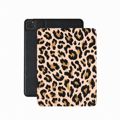 Blush leopard iPad case in pink vegan Saffiano leather — leopard rosettes on blush