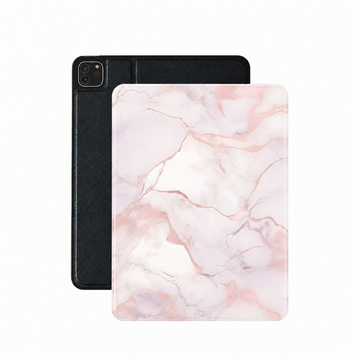 Blush marble iPad case in pink and cream vegan Saffiano leather — rose gold veined folio