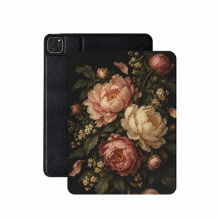 Blush Peony Nocturne iPad case — blush and cream peonies on near-black, shown front and back