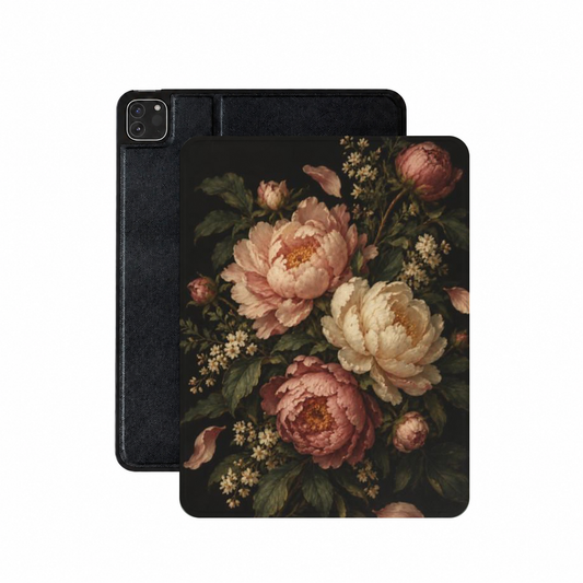 Blush Peony Nocturne iPad case — blush and cream peonies on near-black, shown front and back