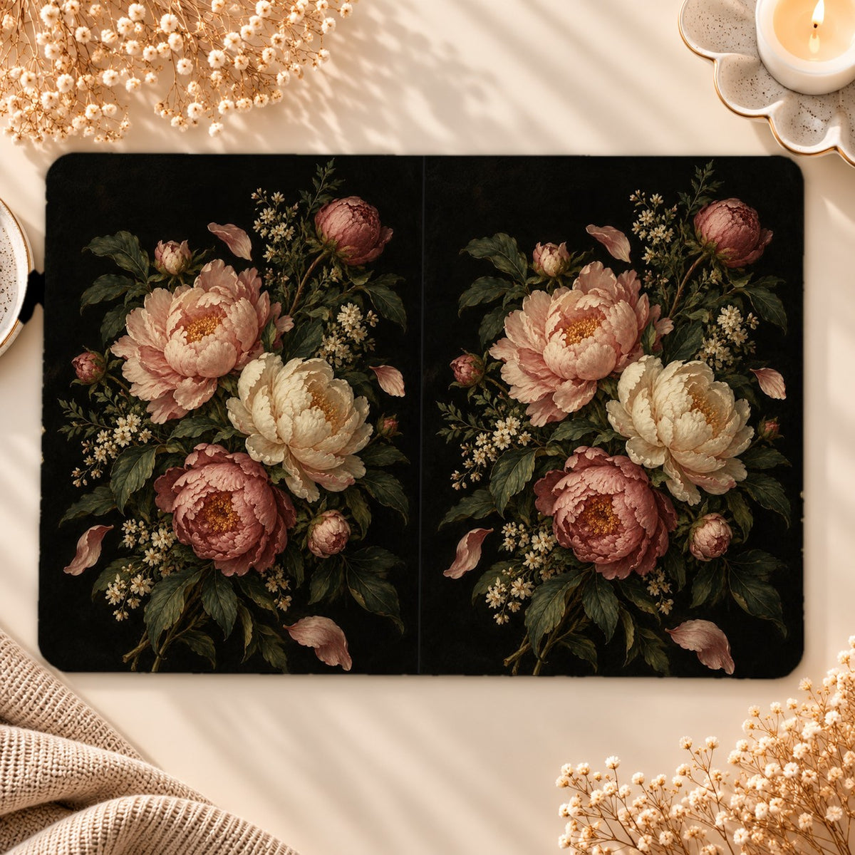 Blush Peony Nocturne Kindle case opened flat, front and back — blush and cream peonies on near-black