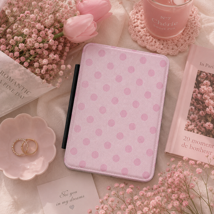 Blush polka dot Kindle case with elastic hand strap — Coquette Reader soft pink print