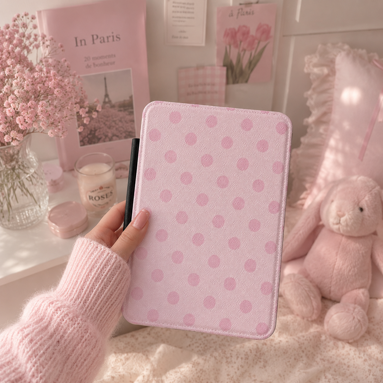 Blush polka dot Kindle case open showing black interior — Coquette Reader soft pink print