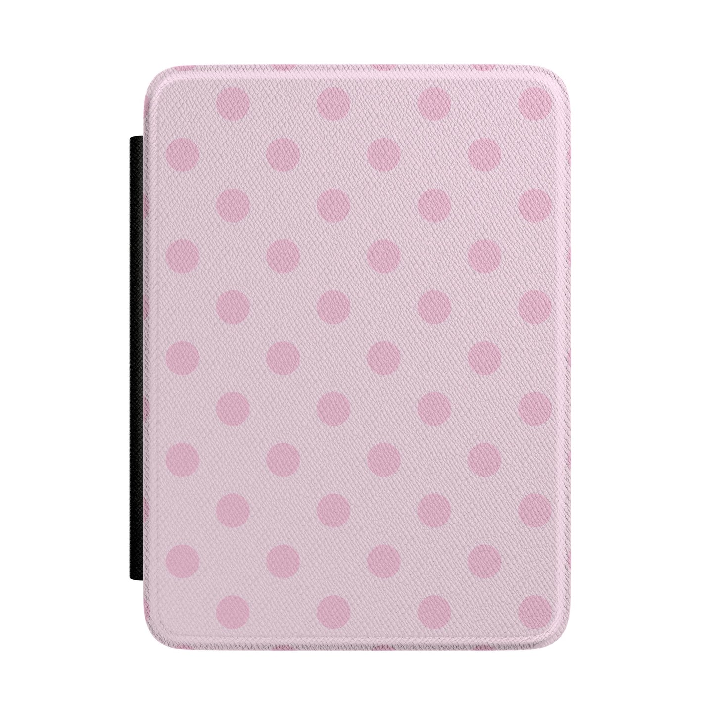 Pale blush pink Kindle Paperwhite case with soft rose polka dots front cover — Coquette Reader gift for her