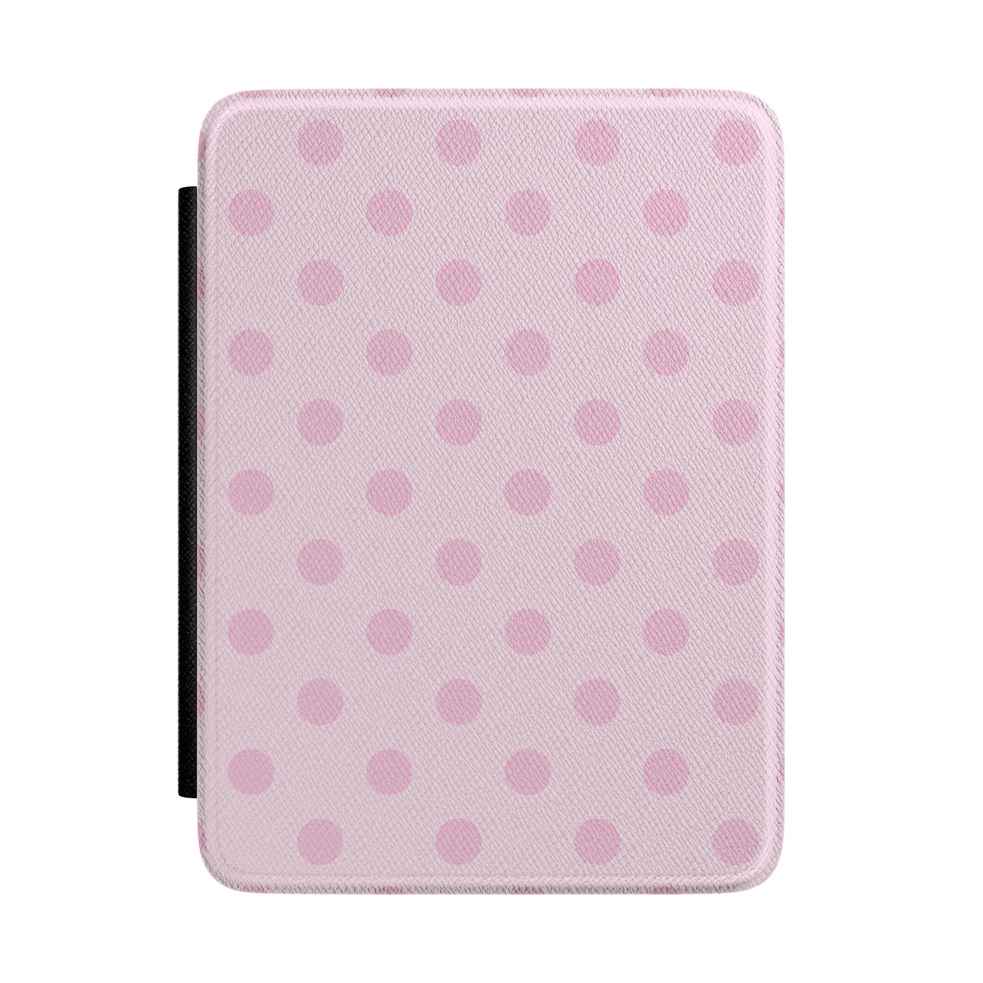 Pale blush pink Kindle Paperwhite case with soft rose polka dots front cover — Coquette Reader gift for her