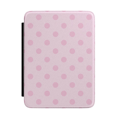 Pale blush pink Kindle Paperwhite case with soft rose polka dots front cover — Coquette Reader gift for her