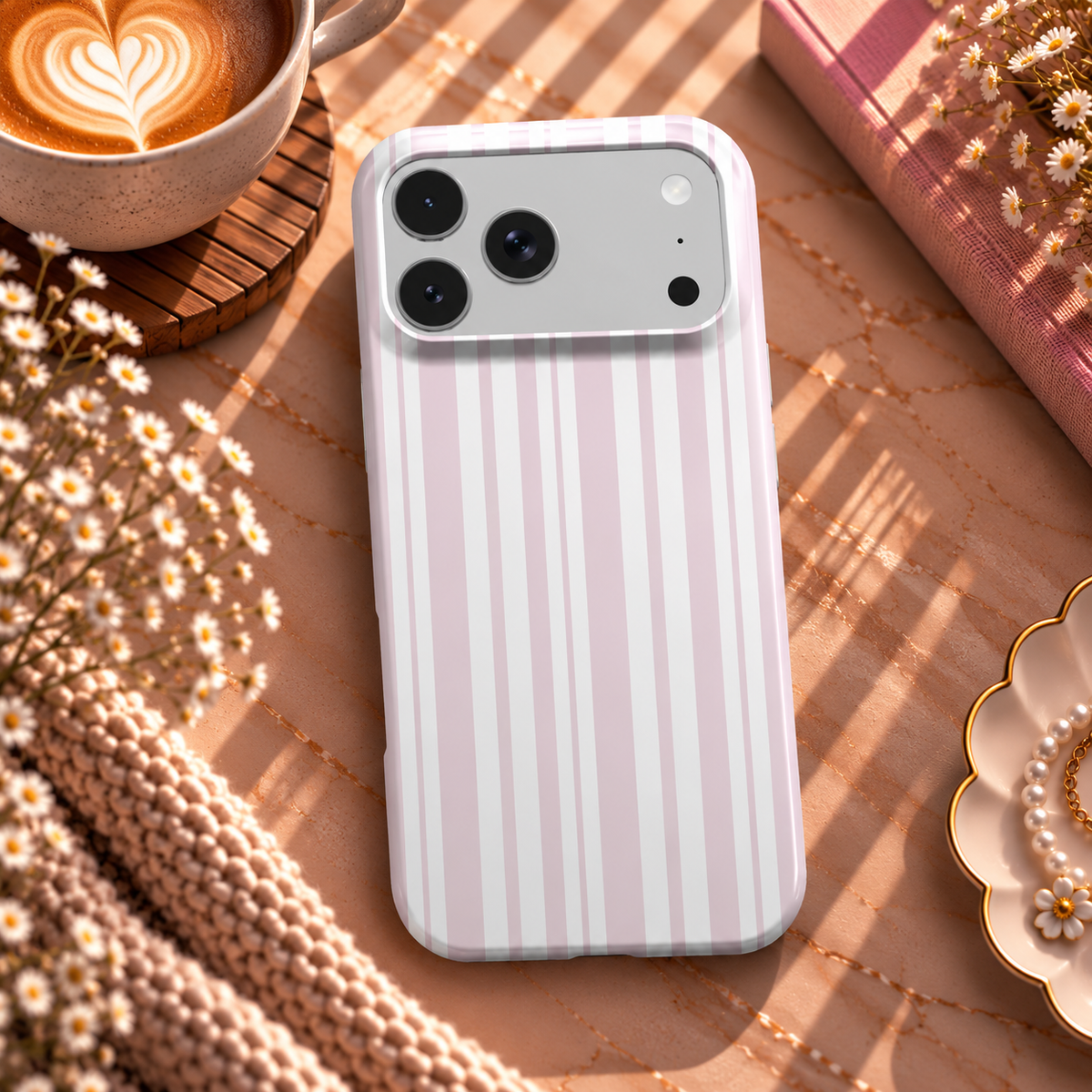 Blush Ticking Stripe phone case – MagSafe iPhone case, lifestyle photo
