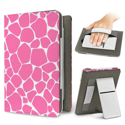 Pink Giraffe Kindle case — elastic hand strap and fold-out stand on the back