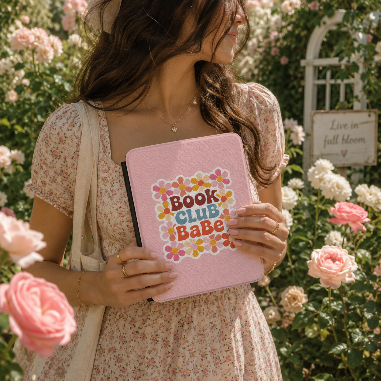 Close-up of Book Club Babe Saffiano Kindle case