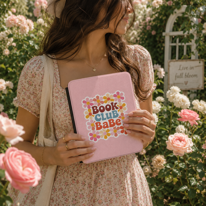 Close-up of Book Club Babe Saffiano Kindle case