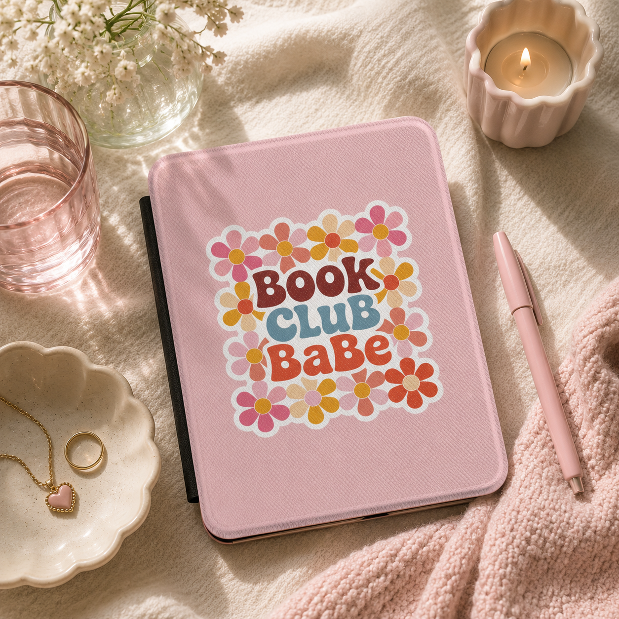 Book Club Babe Kindle case open showing e-ink Kindle on right interior panel
