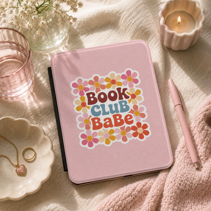 Book Club Babe Kindle case open showing e-ink Kindle on right interior panel